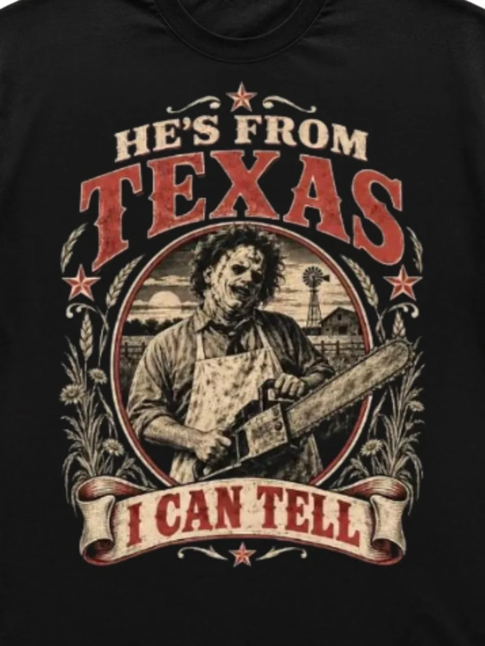 Black Short-Sleeve Graphic Tee with Red and Cream Vintage Texas Design